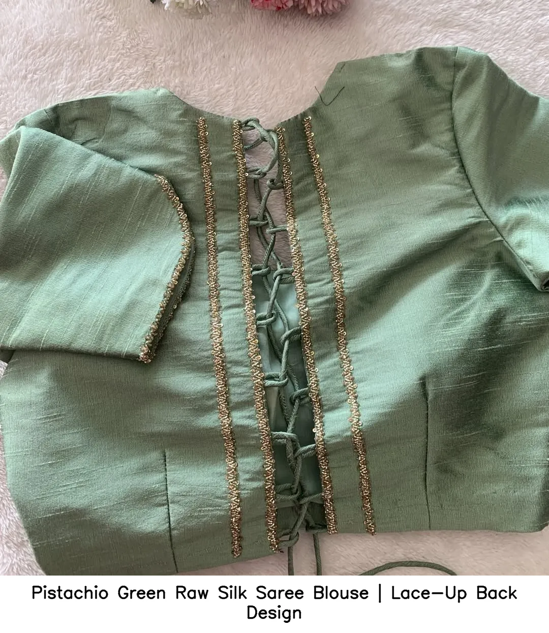 Pistachio Green Raw Silk Saree Blouse | Lace-Up Back Design 2