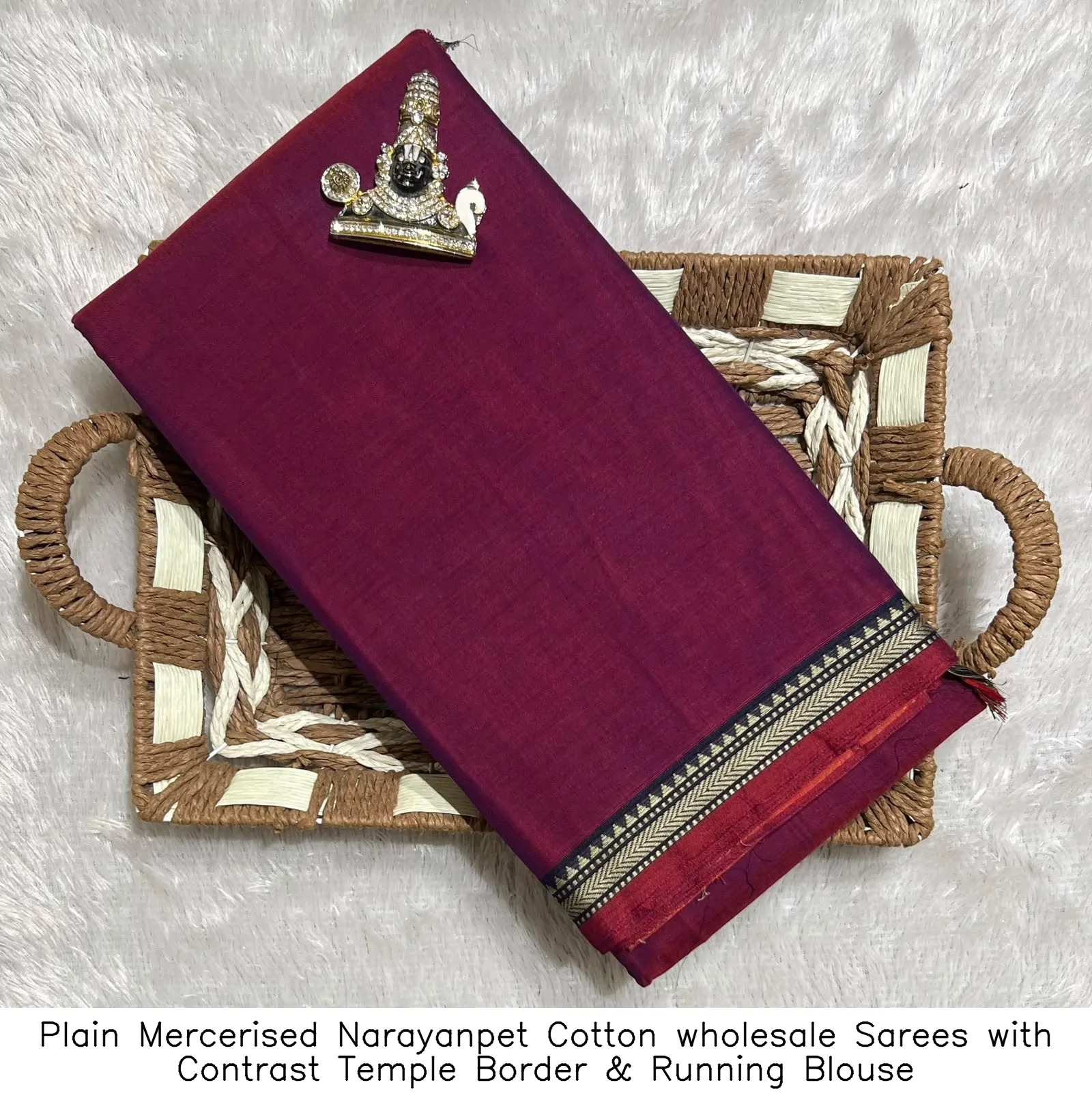 Plain Mercerised Narayanpet Cotton wholesale Sarees with Contrast Temple Border & Running Blouse 17