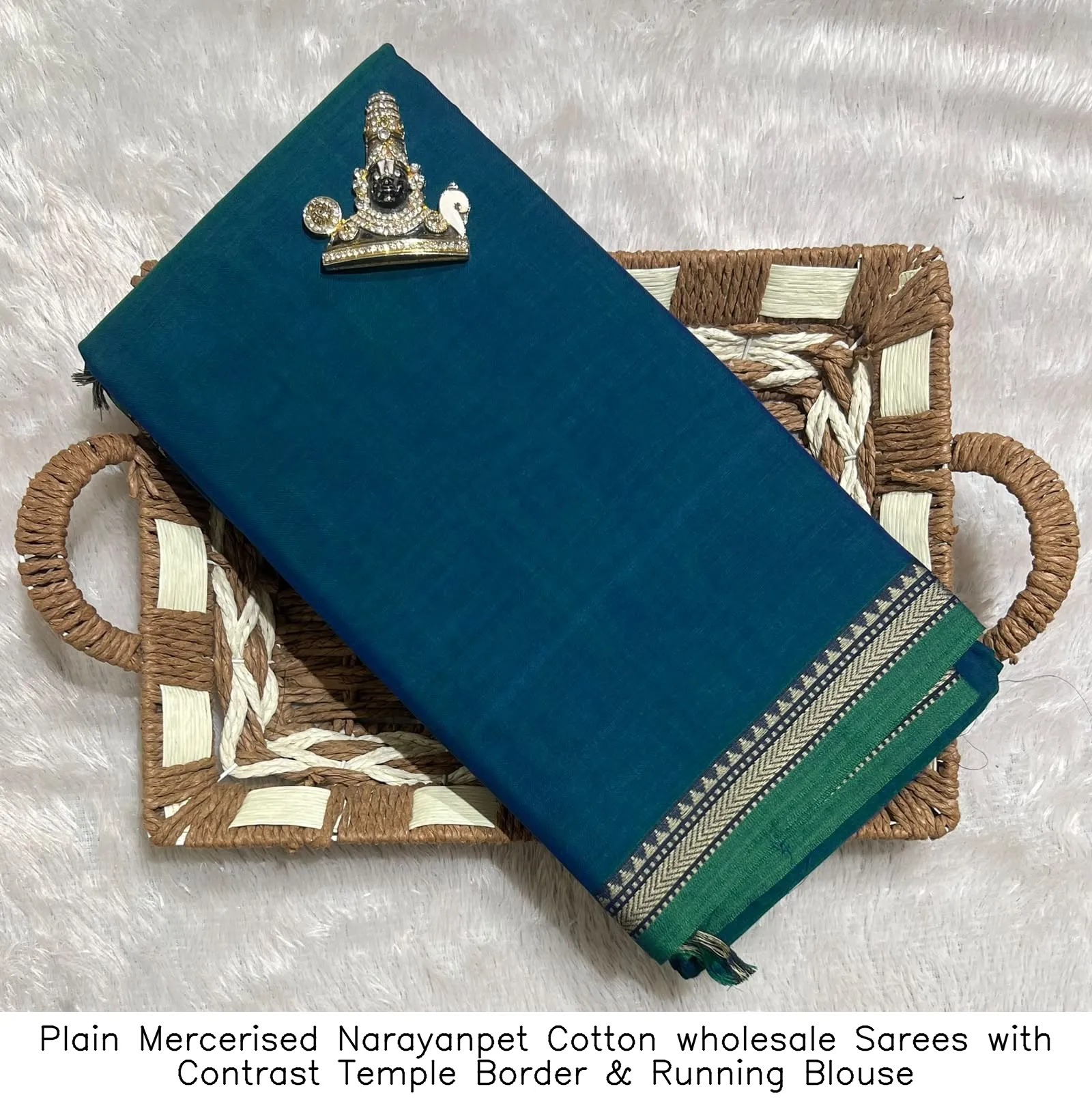 Plain Mercerised Narayanpet Cotton wholesale Sarees with Contrast Temple Border & Running Blouse 2