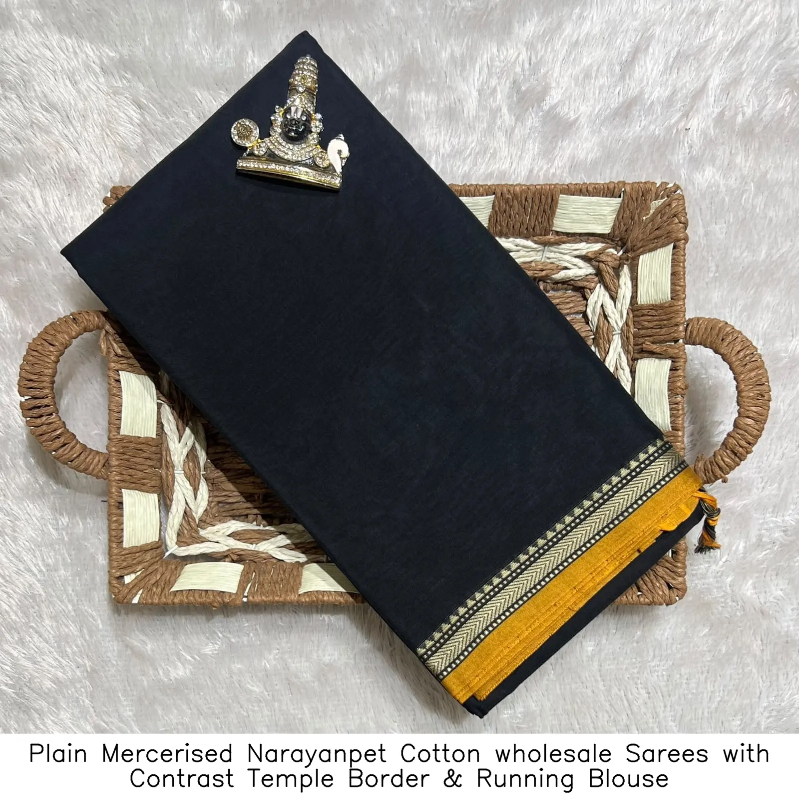 Plain Mercerised Narayanpet Cotton wholesale Sarees with Contrast Temple Border & Running Blouse 3