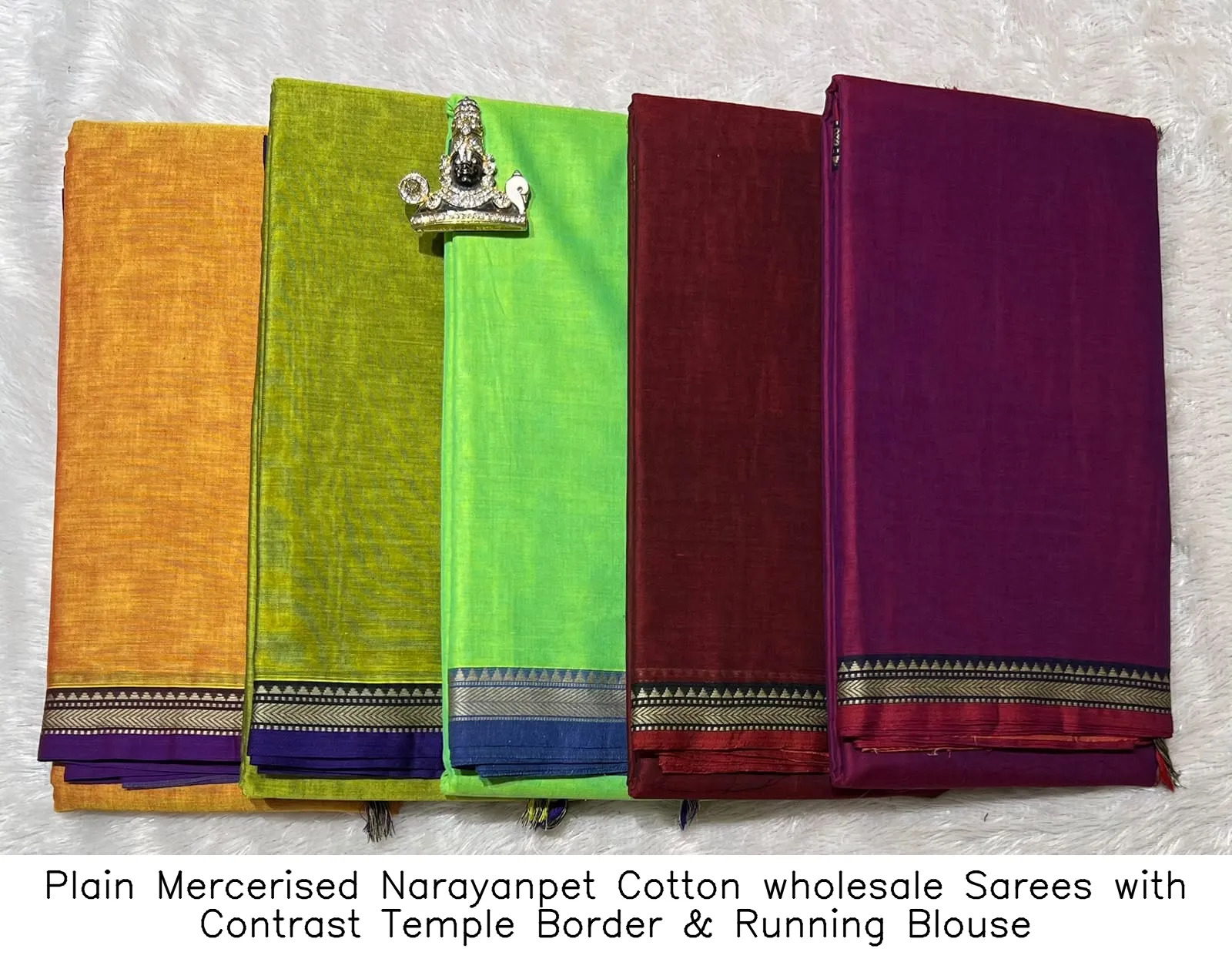 Plain Mercerised Narayanpet Cotton wholesale Sarees with Contrast Temple Border & Running Blouse 6