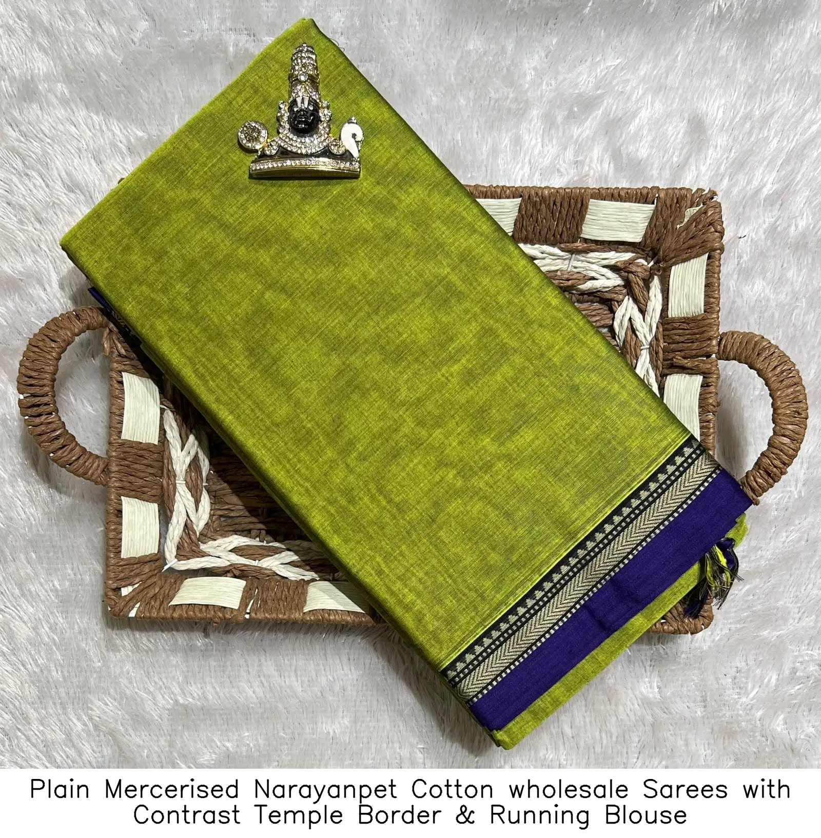 Plain Mercerised Narayanpet Cotton wholesale Sarees with Contrast Temple Border & Running Blouse 7