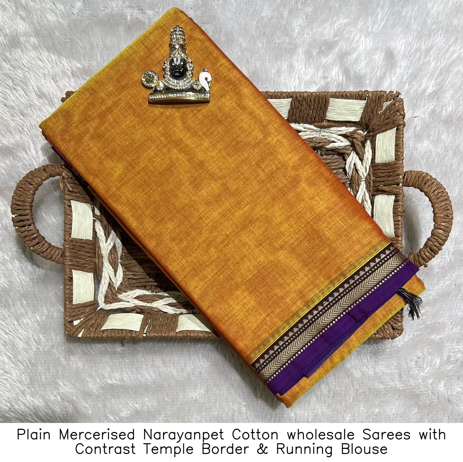 Plain Mercerised Narayanpet Cotton wholesale Sarees with Contrast Temple Border & Running Blouse 9