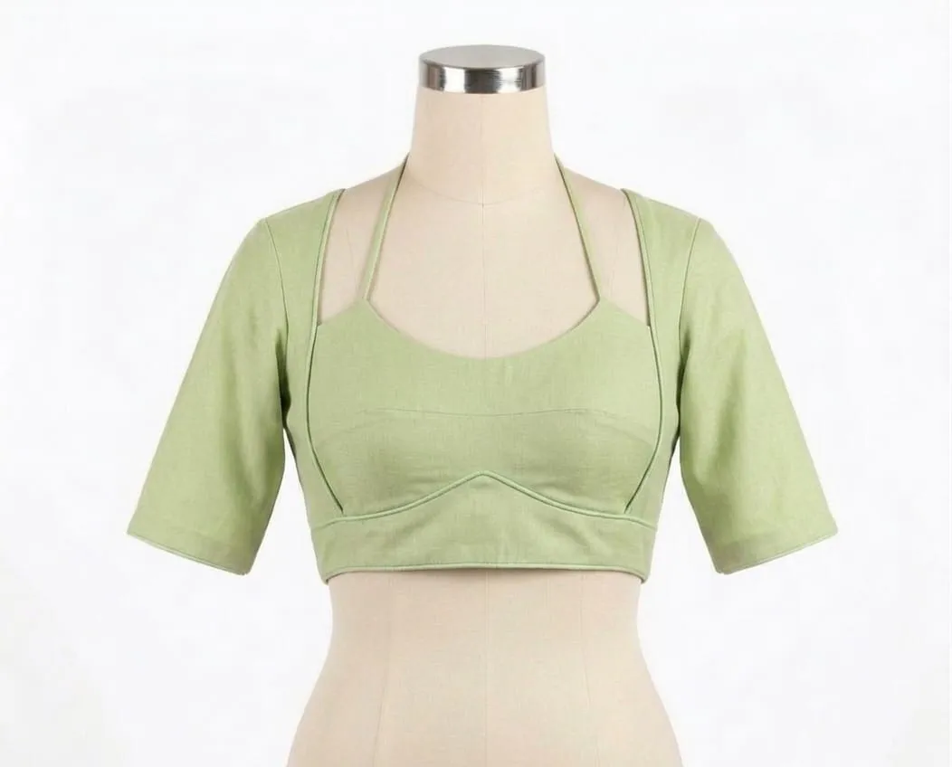 Plain Padded Saree Blouse with Designer Halter Neckline & Back Hook Closure | 3/4th Sleeve Choli