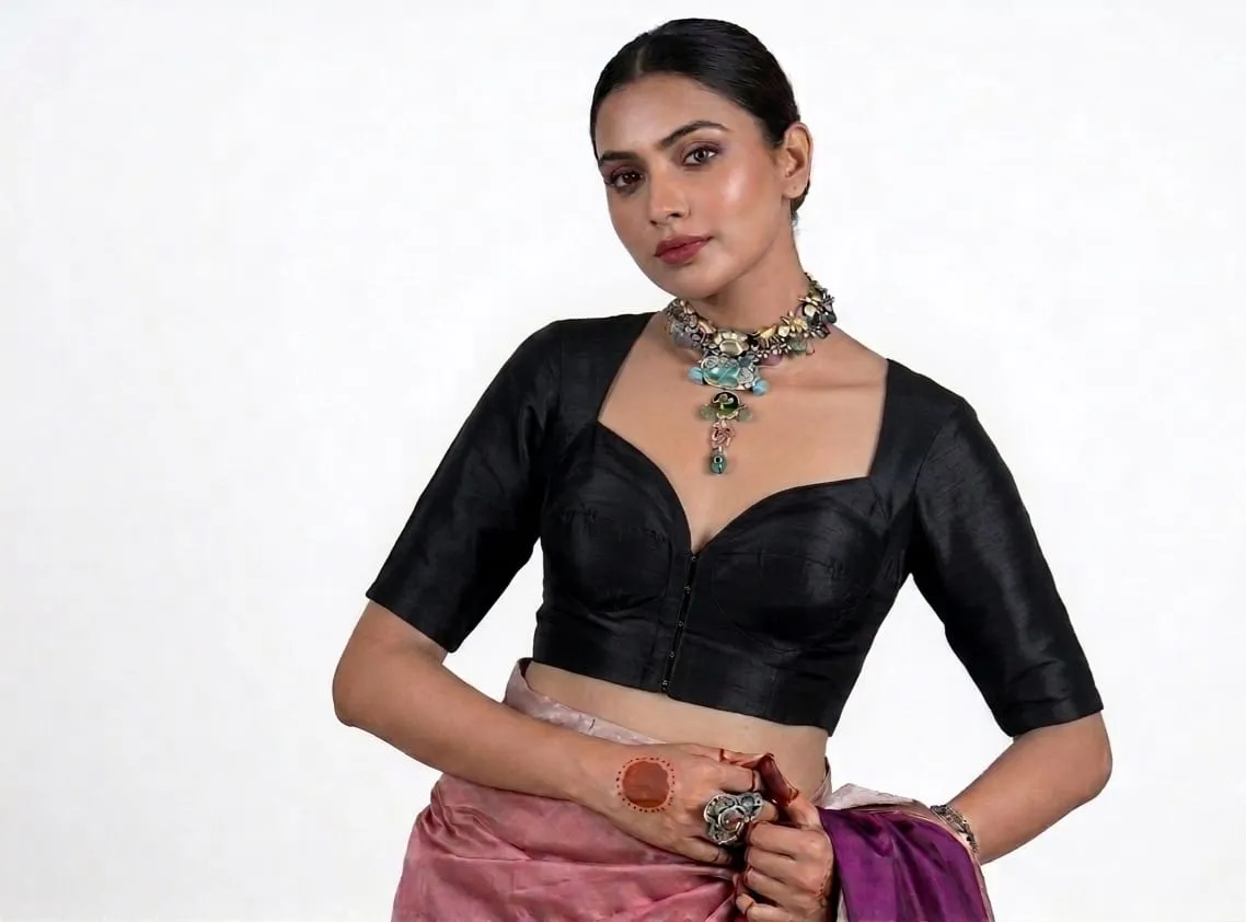 Plain Pure Raw Silk Sweetheart Neck Readymade Saree Blouse | Padded Front Open Elbow Sleeve Choli Crop Top for Women