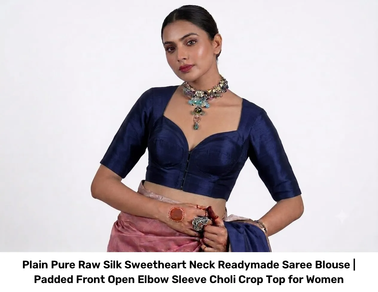 Plain Pure Raw Silk Sweetheart Neck Readymade Saree Blouse | Padded Front Open Elbow Sleeve Choli Crop Top for Women 5