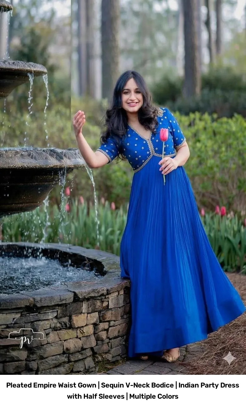 Pleated Empire Waist Gown | Sequin V-Neck Bodice | Indian Party Dress with Half Sleeves | Multiple Colors 4