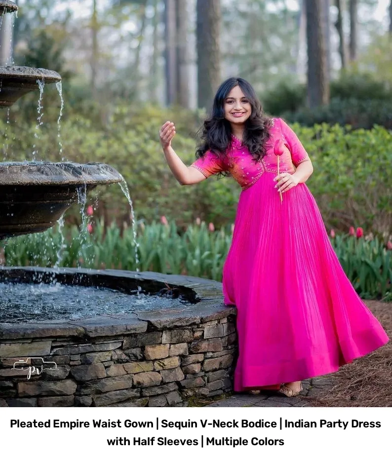 Pleated Empire Waist Gown | Sequin V-Neck Bodice | Indian Party Dress with Half Sleeves | Multiple Colors 6