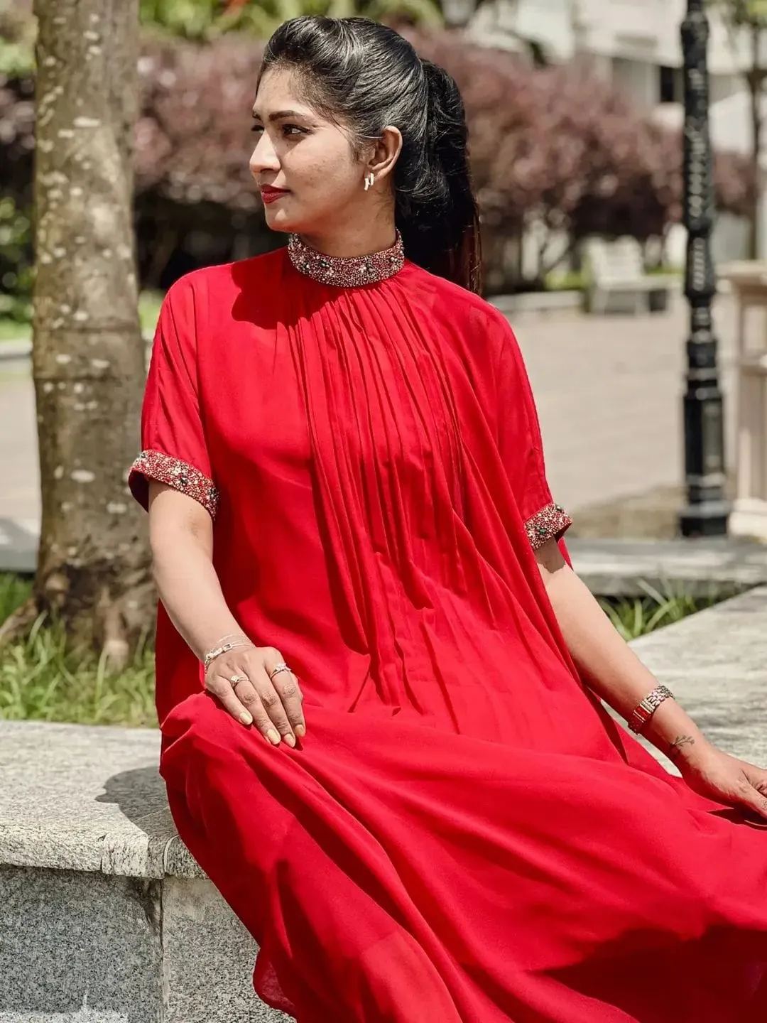 Pleated High Neck Kaftan Dress – Red Georgette Embellished Cuff Flared Gown