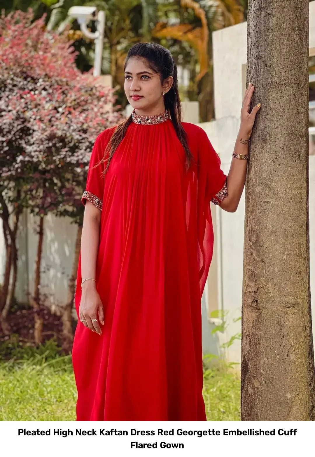 Pleated High Neck Kaftan Dress – Red Georgette Embellished Cuff Flared Gown 2