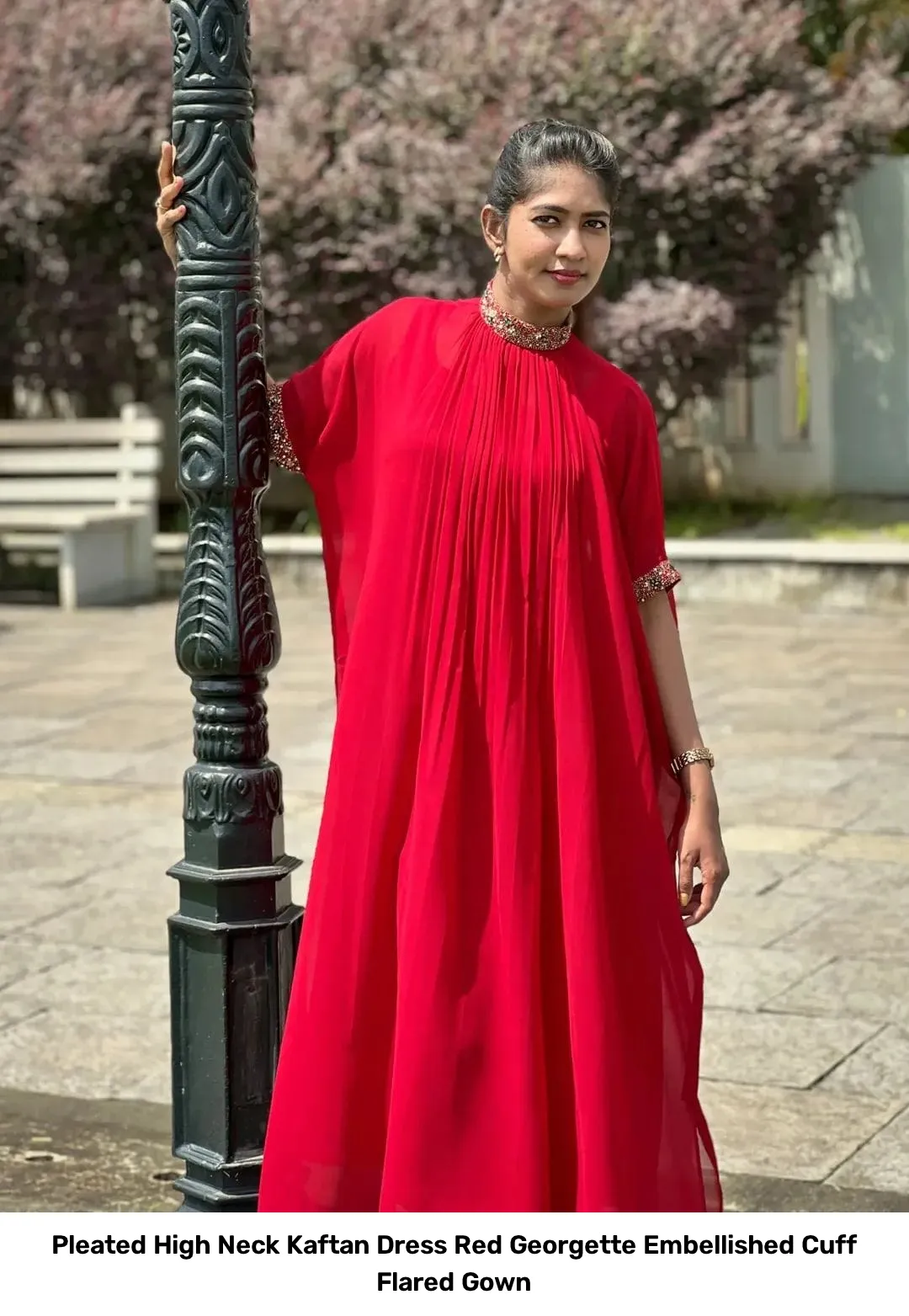 Pleated High Neck Kaftan Dress – Red Georgette Embellished Cuff Flared Gown 3