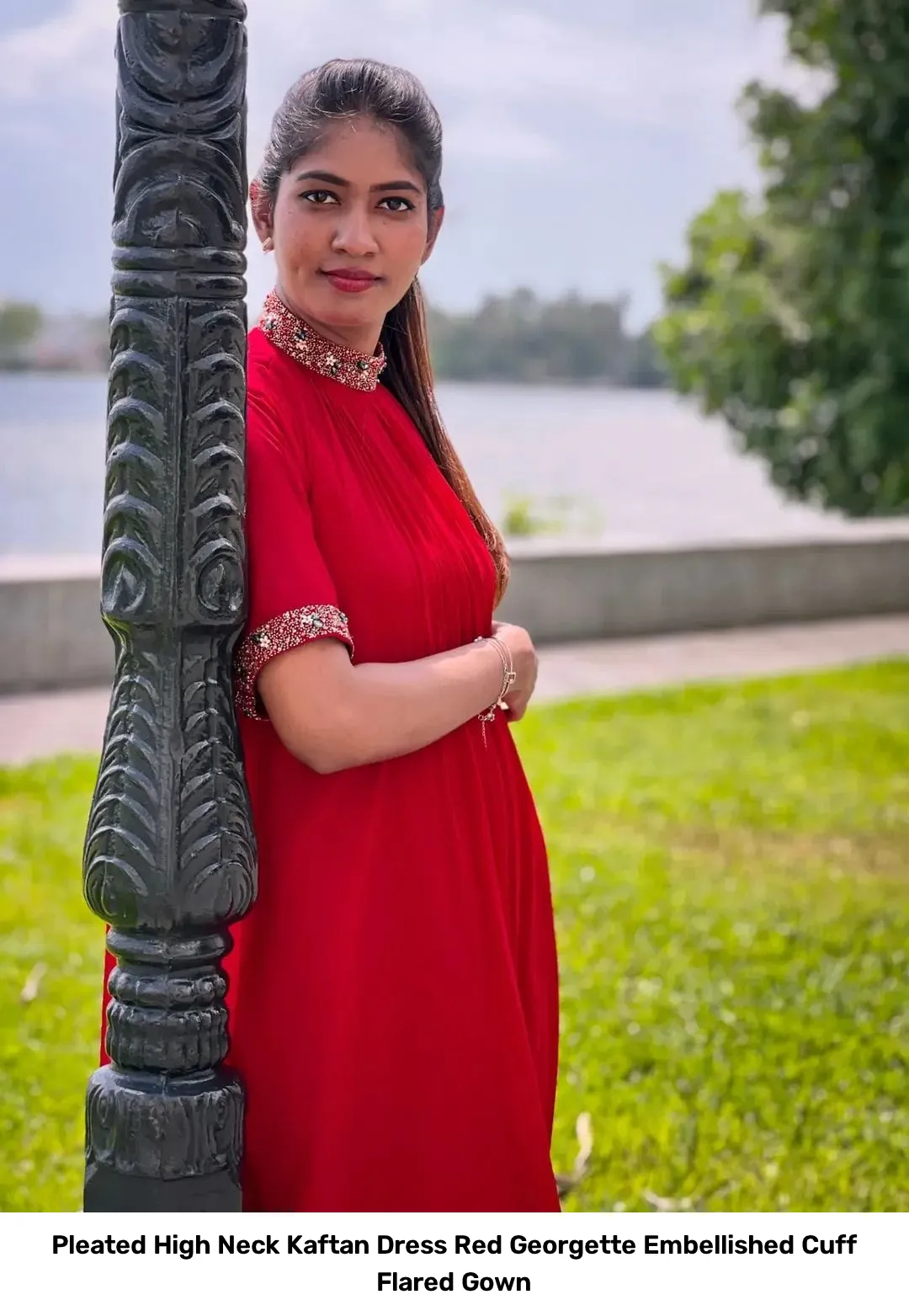 Pleated High Neck Kaftan Dress – Red Georgette Embellished Cuff Flared Gown 4
