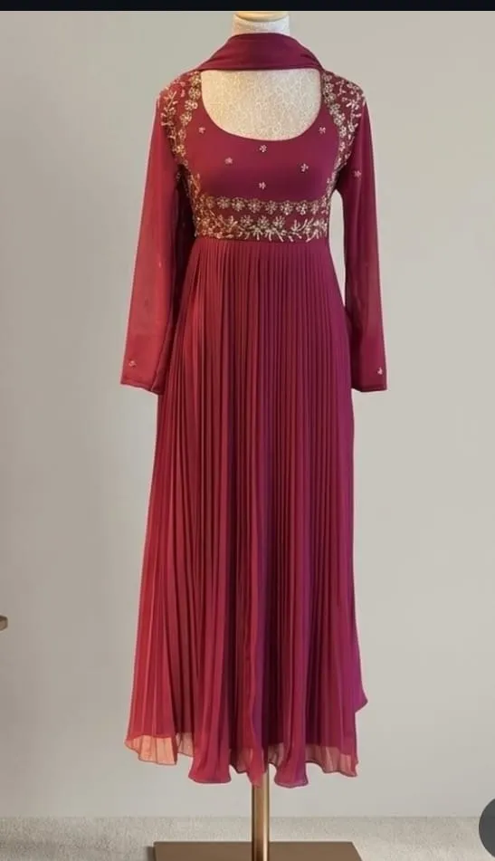 Plum Purple Pleated Anarkali Suit Set with Dupatta 1