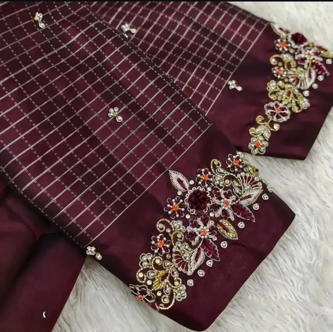 Plum Wine Silk Saree Blouse - Floral Stone Embroidery & Silver Grid Checked Sleeves