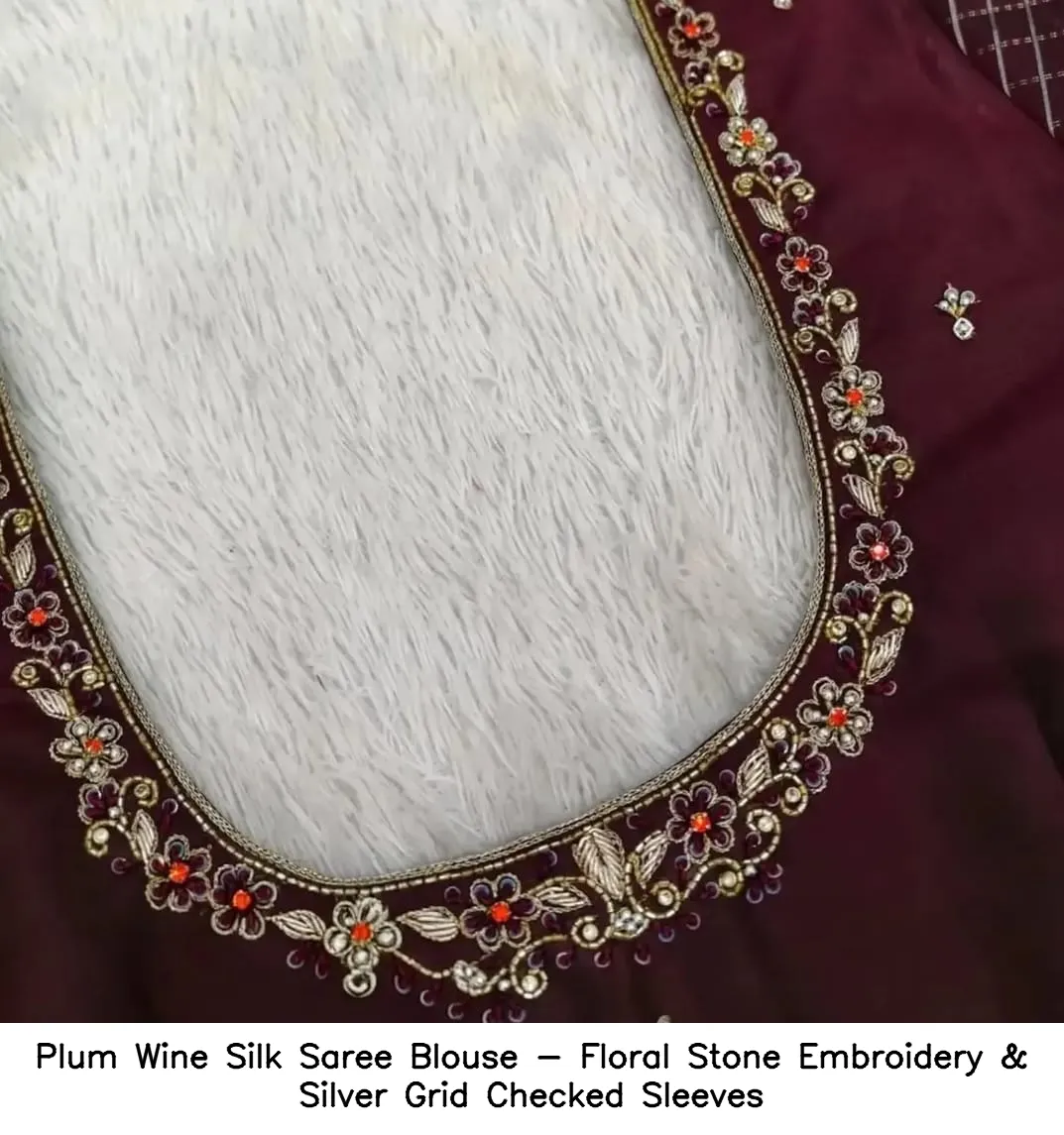 Plum Wine Silk Saree Blouse - Floral Stone Embroidery & Silver Grid Checked Sleeves 2