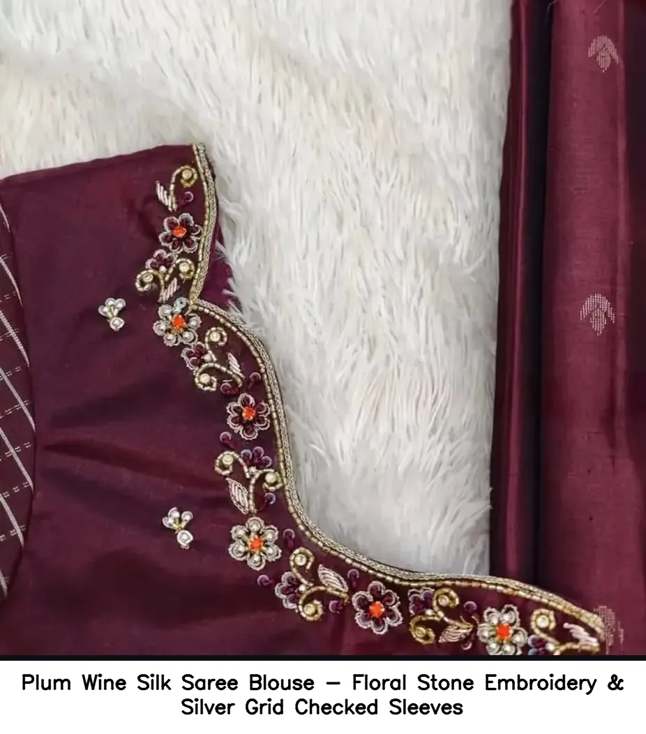 Plum Wine Silk Saree Blouse - Floral Stone Embroidery & Silver Grid Checked Sleeves 3