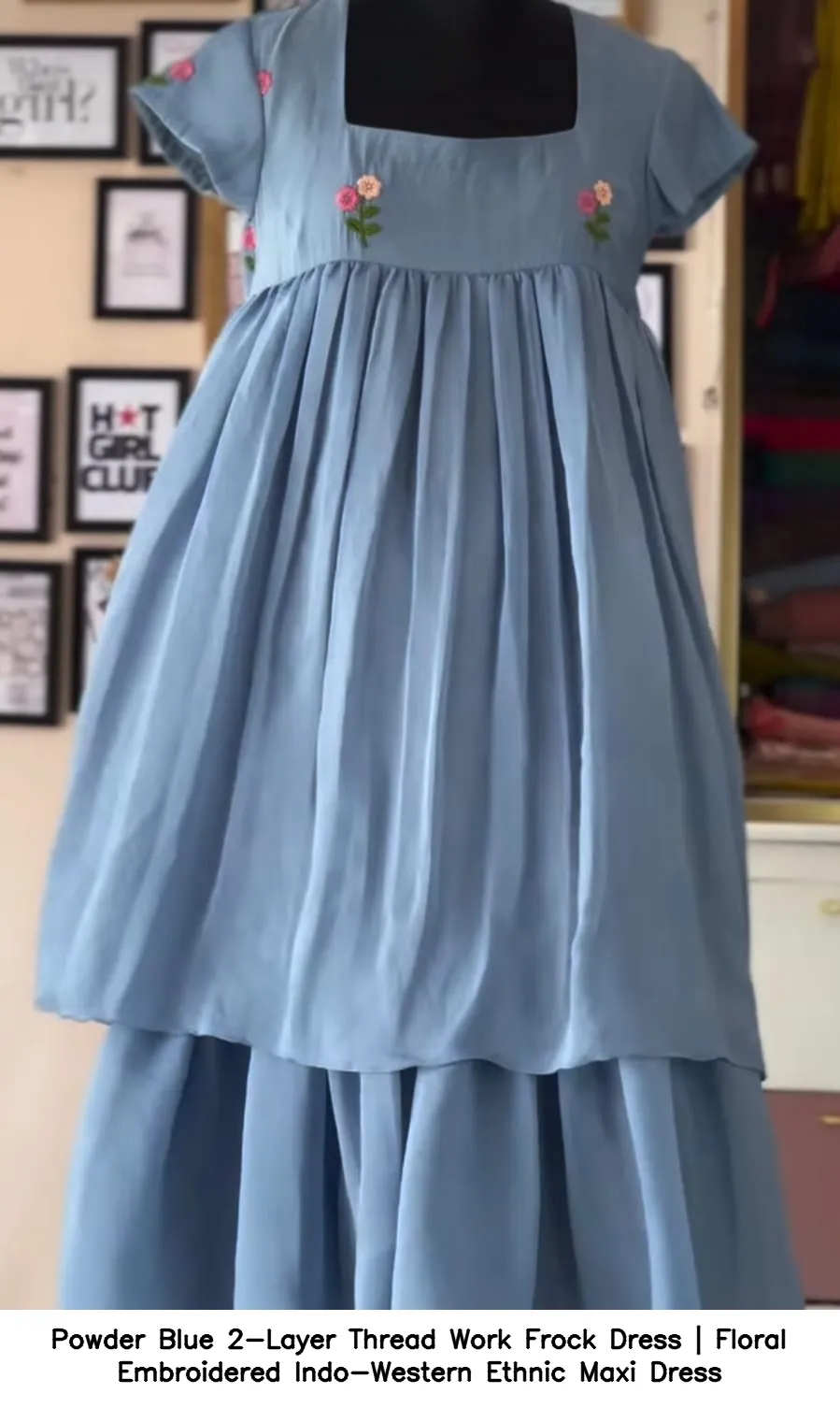 Powder Blue 2-Layer Thread Work Frock Dress | Floral Embroidered Indo-Western Ethnic Maxi Dress 2