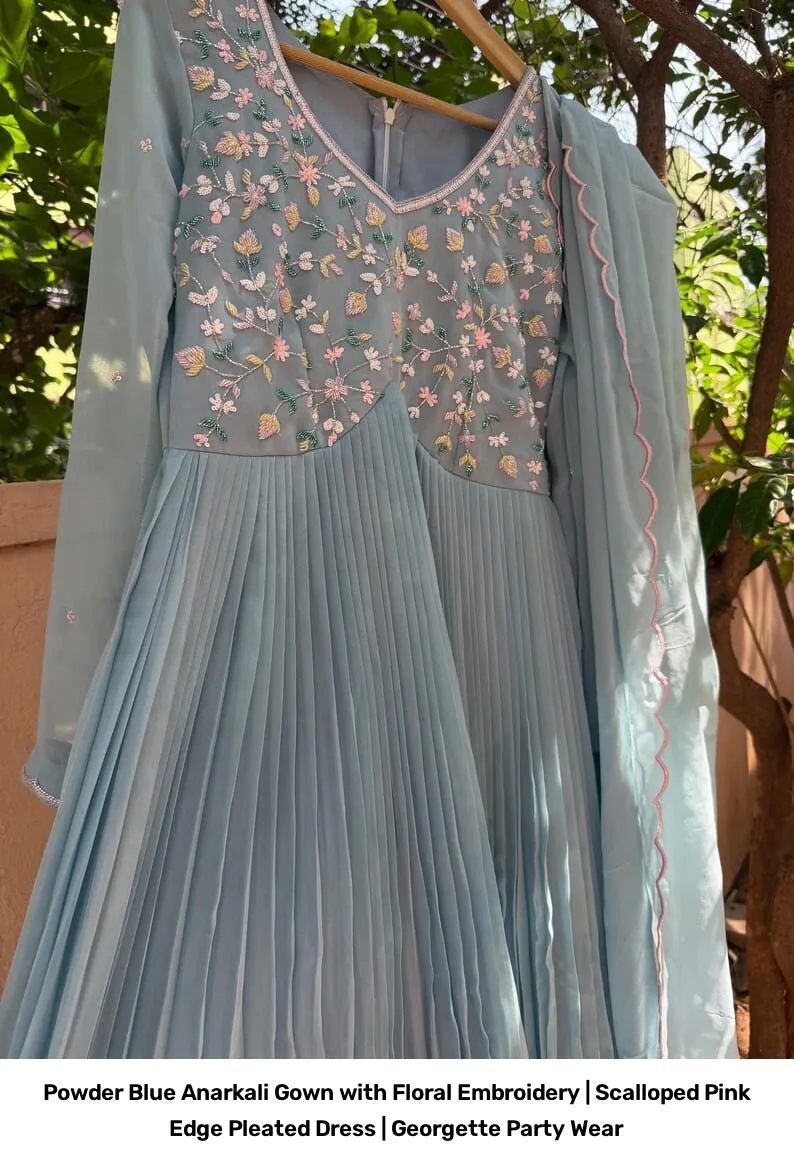 Powder Blue Anarkali Gown with Floral Embroidery | Scalloped Pink Edge Pleated Dress | Georgette Party Wear 2