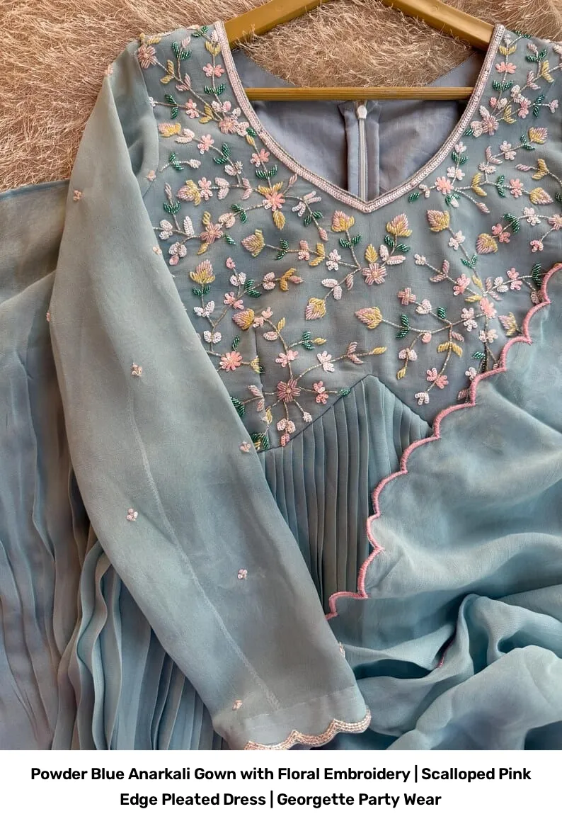 Powder Blue Anarkali Gown with Floral Embroidery | Scalloped Pink Edge Pleated Dress | Georgette Party Wear 3