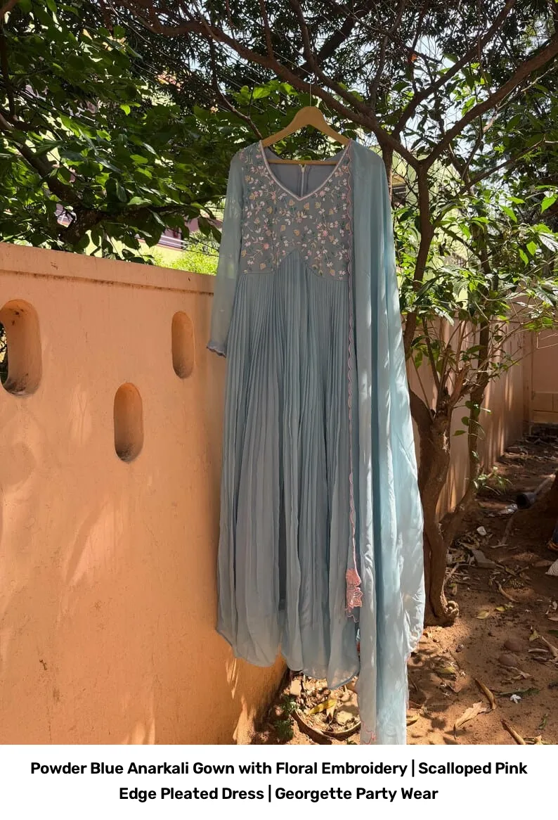 Powder Blue Anarkali Gown with Floral Embroidery | Scalloped Pink Edge Pleated Dress | Georgette Party Wear 4
