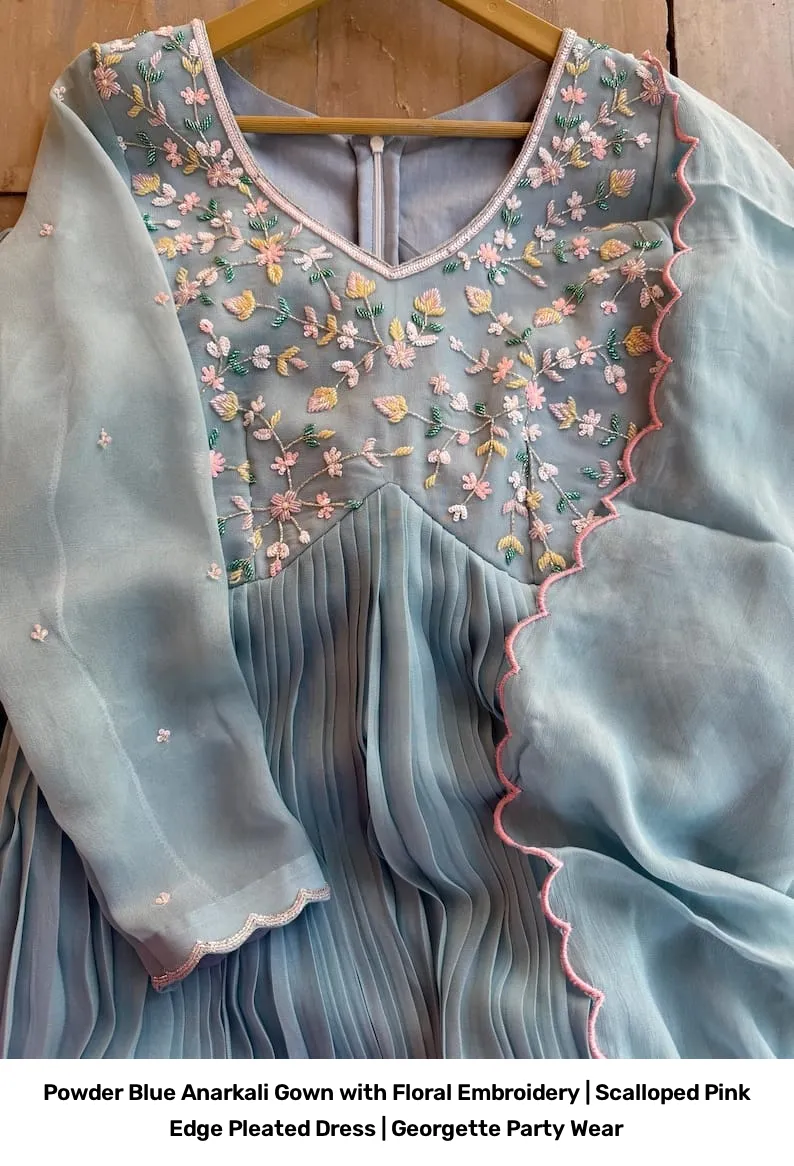 Powder Blue Anarkali Gown with Floral Embroidery | Scalloped Pink Edge Pleated Dress | Georgette Party Wear 5