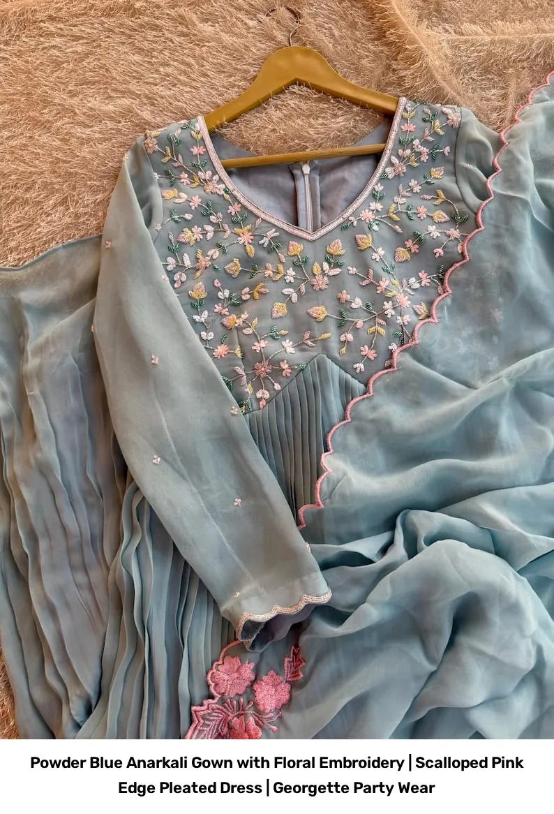 Powder Blue Anarkali Gown with Floral Embroidery | Scalloped Pink Edge Pleated Dress | Georgette Party Wear 6