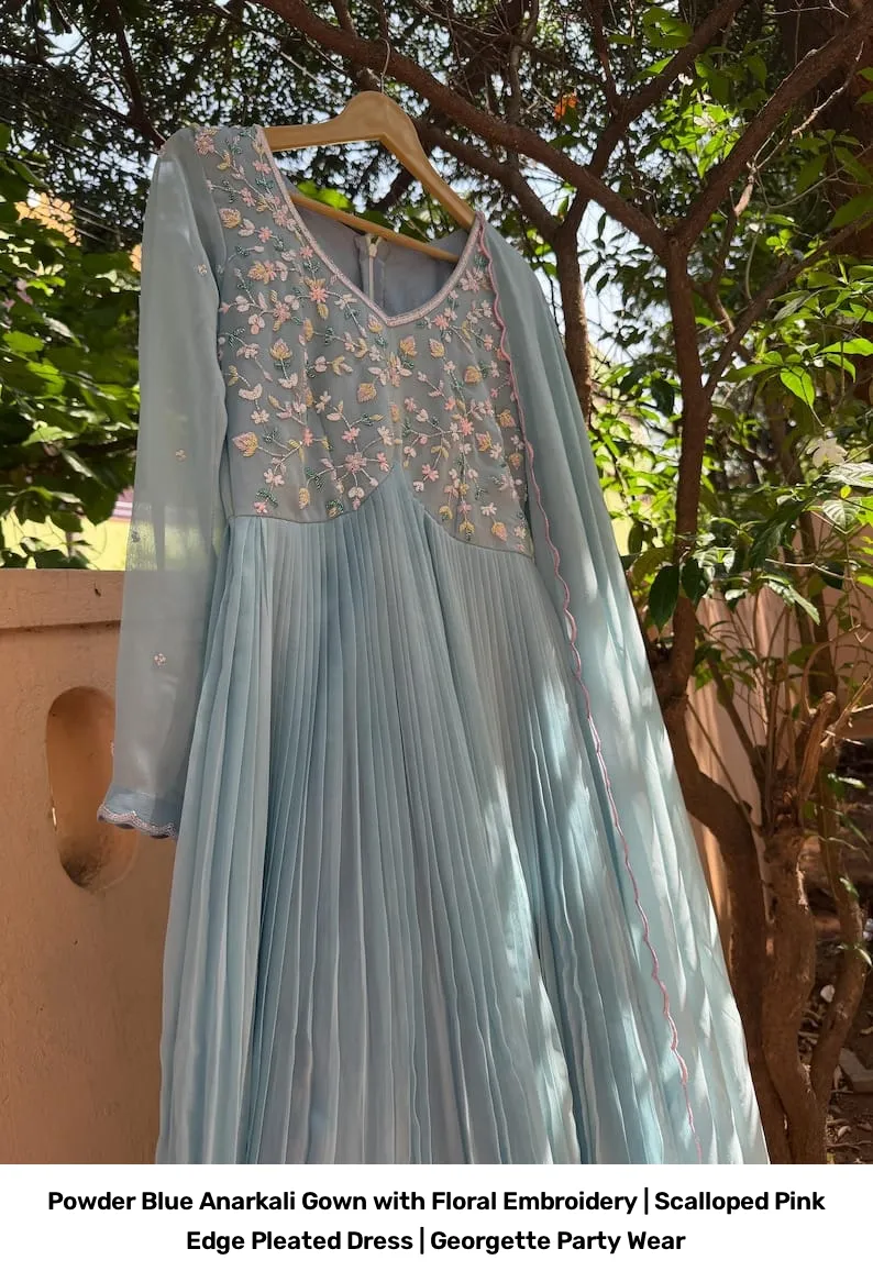 Powder Blue Anarkali Gown with Floral Embroidery | Scalloped Pink Edge Pleated Dress | Georgette Party Wear 8