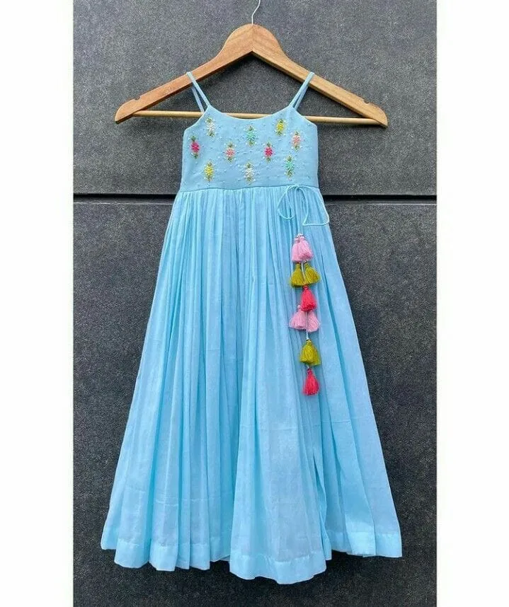 Powder Blue Spaghetti Strap Kids Frock with Tassels 1