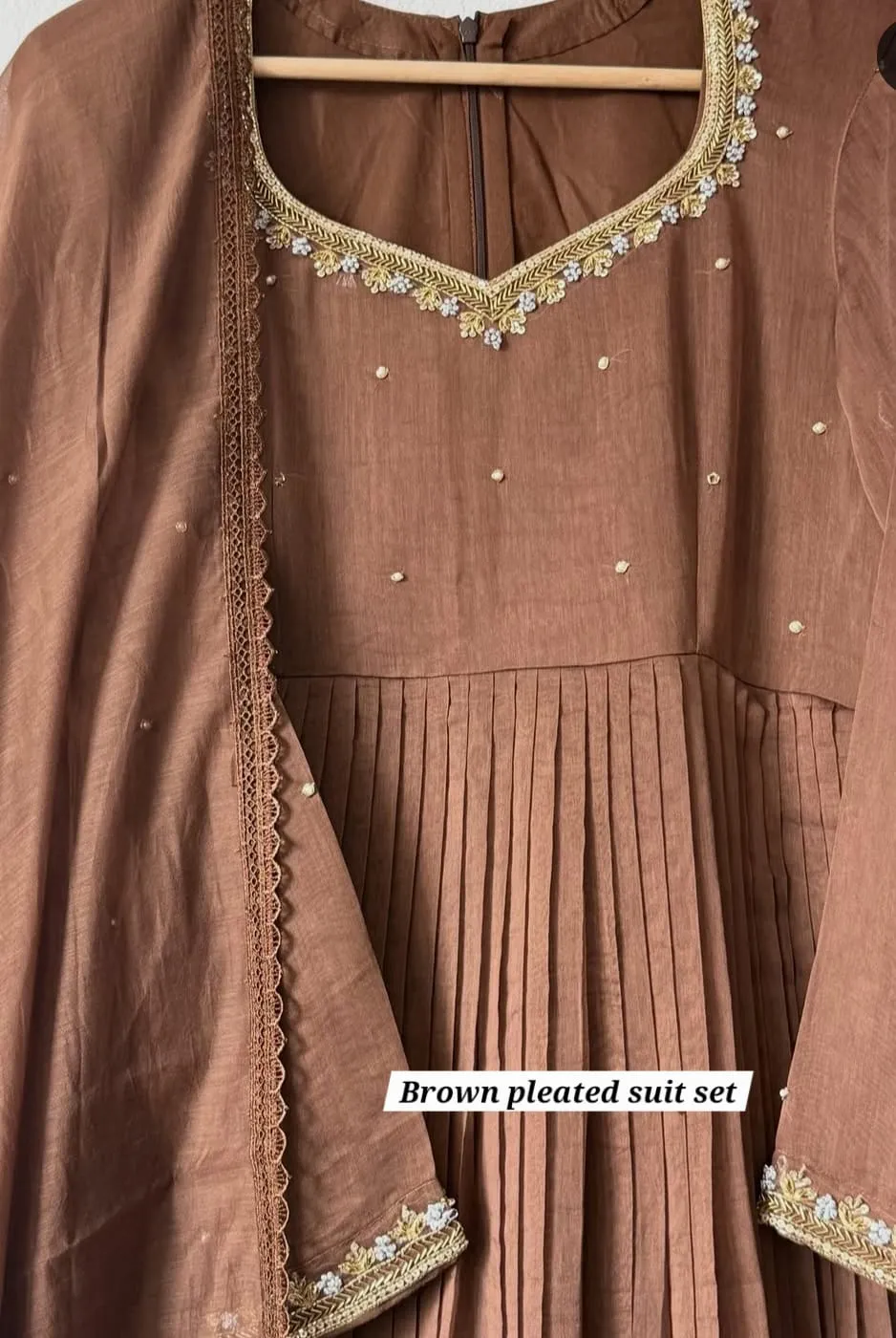 Premium Pleated Anarkali Suit Set with Hand-Embroidered Neckline