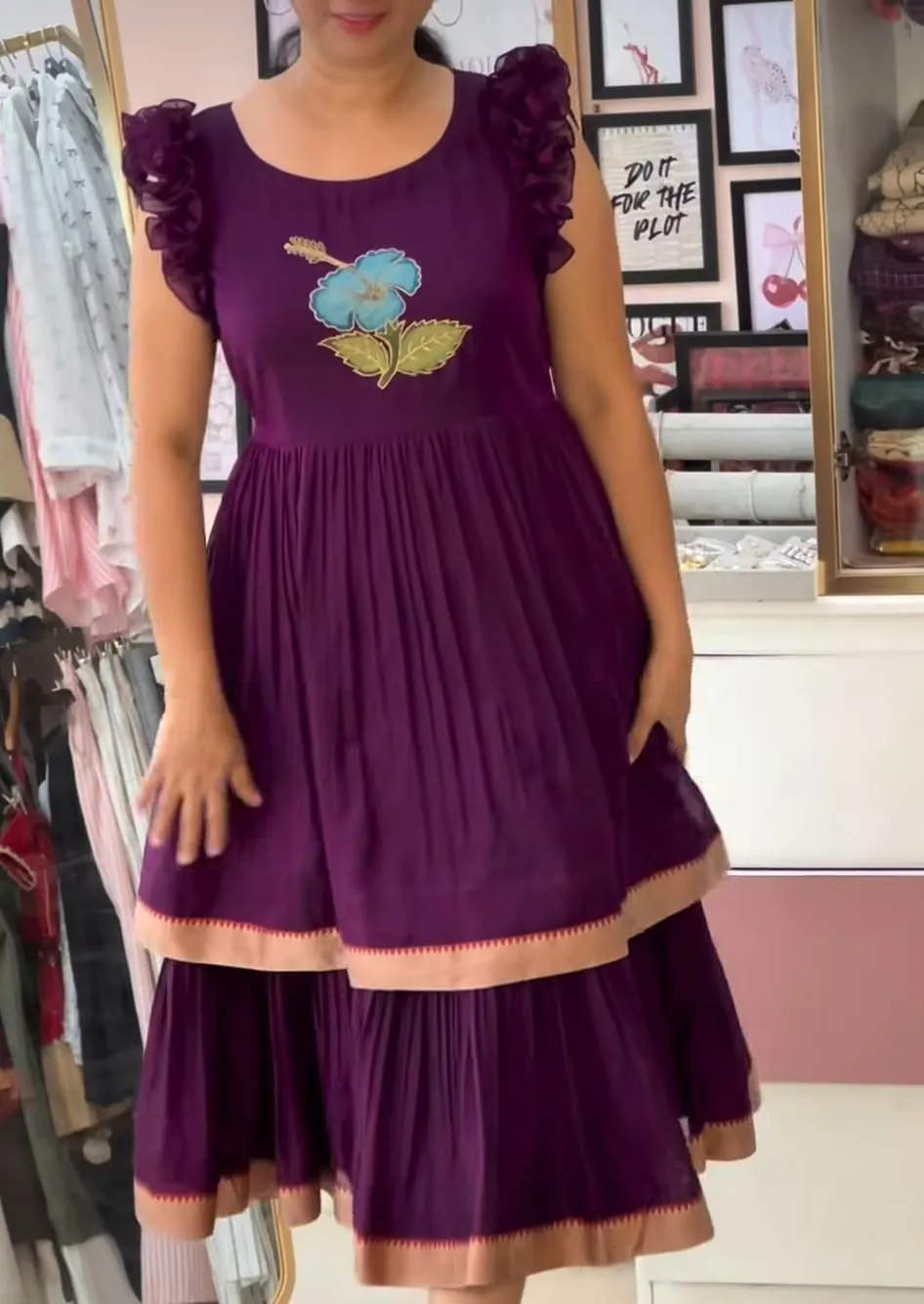 Purple Double Layer Floral Embroidery Long Frock | Designer Ruffle Sleeve Ethnic Maxi Dress