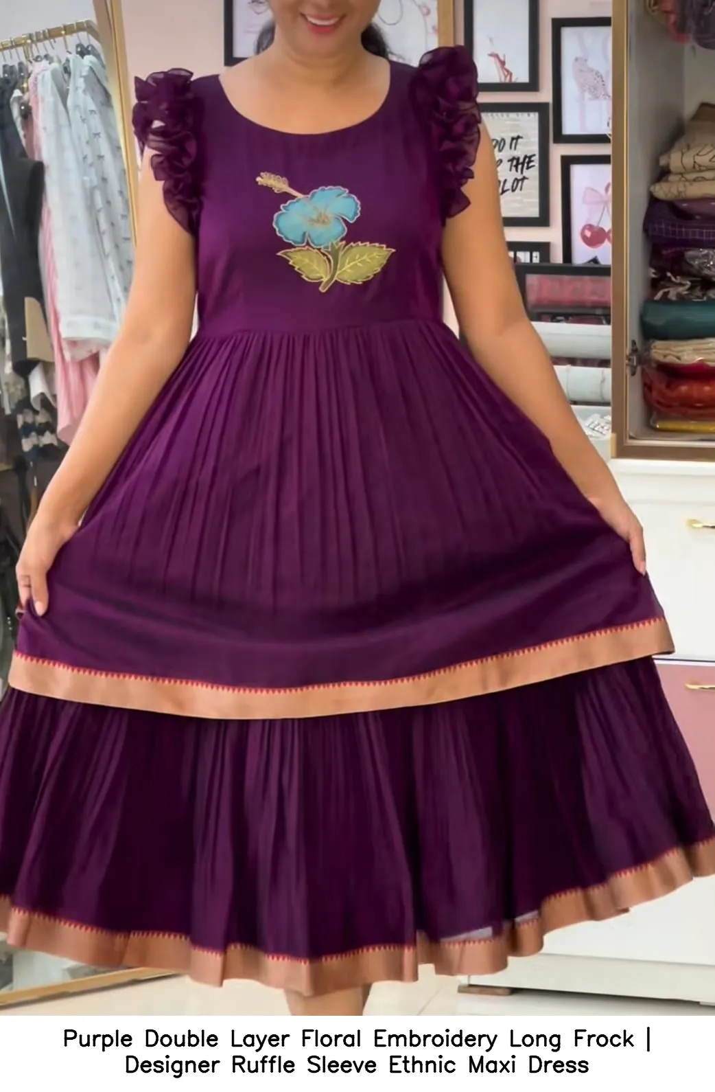Purple Double Layer Floral Embroidery Long Frock | Designer Ruffle Sleeve Ethnic Maxi Dress 2