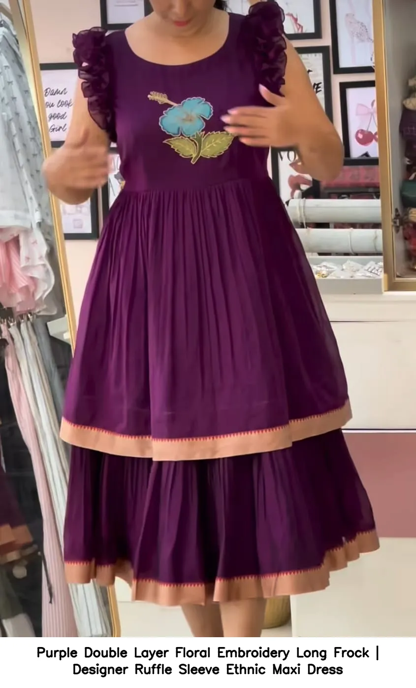 Purple Double Layer Floral Embroidery Long Frock | Designer Ruffle Sleeve Ethnic Maxi Dress 3