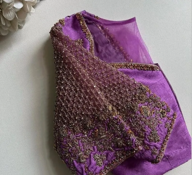 Purple Hand Embroidered Silk Blouse | Antique Zardozi Jaal Sleeve & Illusion Net Back Saree Blouse