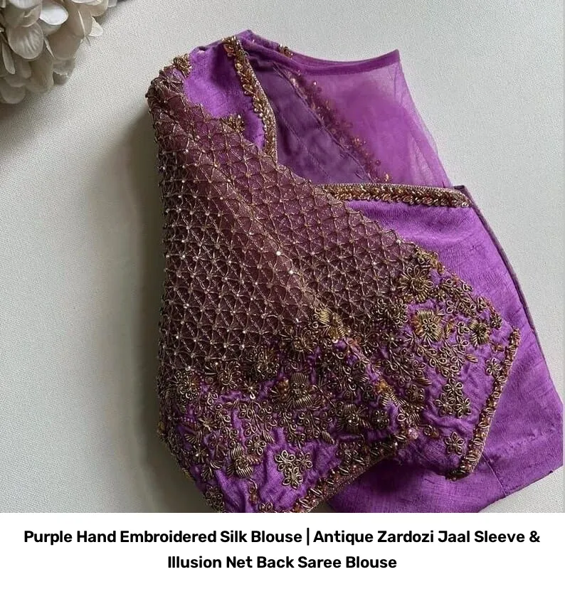 Purple Hand Embroidered Silk Blouse | Antique Zardozi Jaal Sleeve & Illusion Net Back Saree Blouse 2
