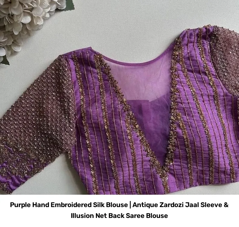Purple Hand Embroidered Silk Blouse | Antique Zardozi Jaal Sleeve & Illusion Net Back Saree Blouse 3