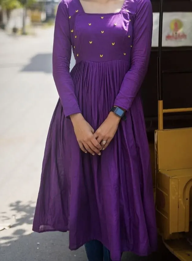 Purple Pleated Anarkali Dress – Hand Embroidered Maxi Frock 1