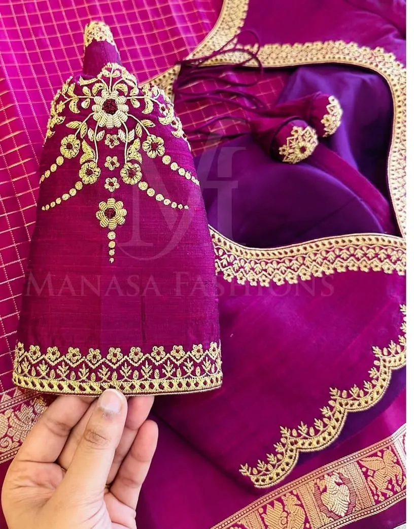 Purple Rani Pink Silk Aari Work Blouse – Jacket Style Collar Neck Designer Bridal Choli with Latkans