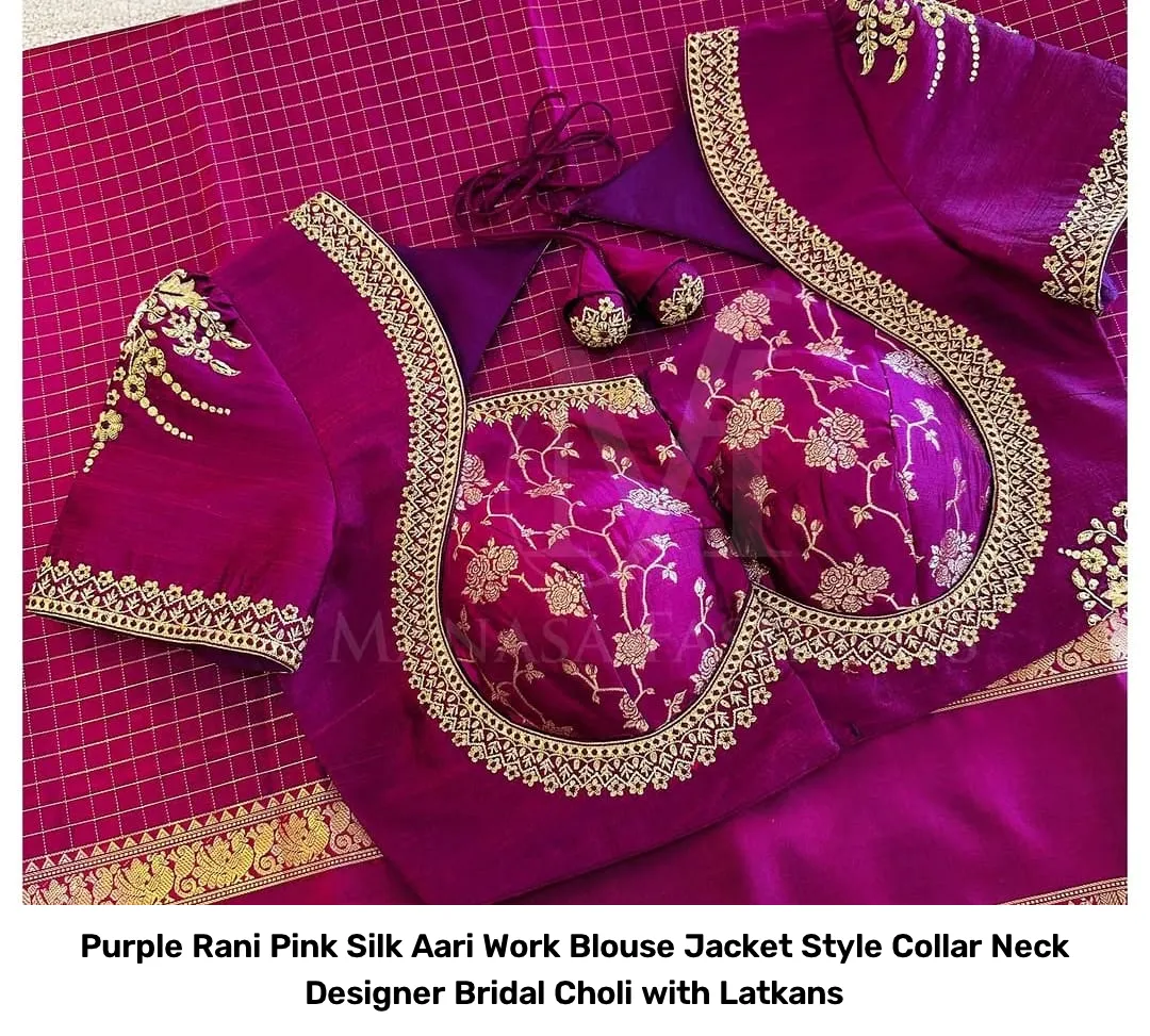 Purple Rani Pink Silk Aari Work Blouse – Jacket Style Collar Neck Designer Bridal Choli with Latkans 2