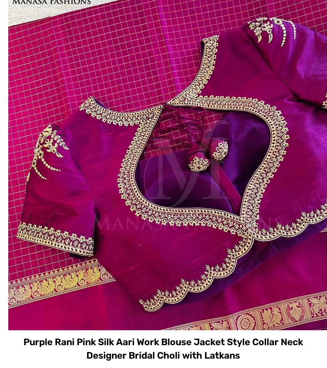 Purple Rani Pink Silk Aari Work Blouse – Jacket Style Collar Neck Designer Bridal Choli with Latkans 3