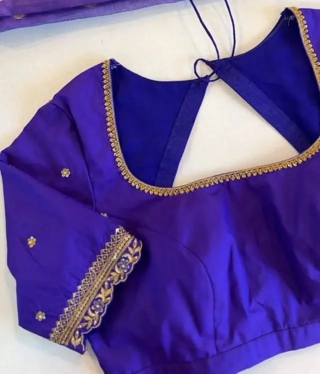 Purple Raw Silk Designer Blouse – Handcrafted Zari Border, Tie-Up Back & Sweetheart Neck