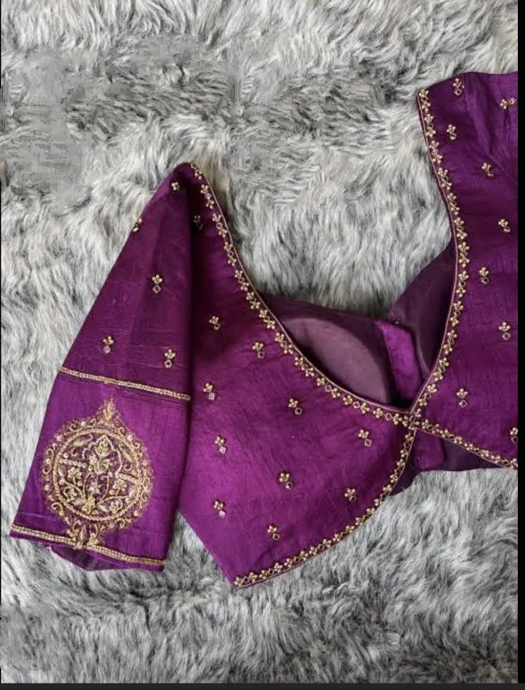 Purple Raw Silk Maggam Work Blouse | Hand Embroidered Kundan Motif Saree Blouse (Customizable)