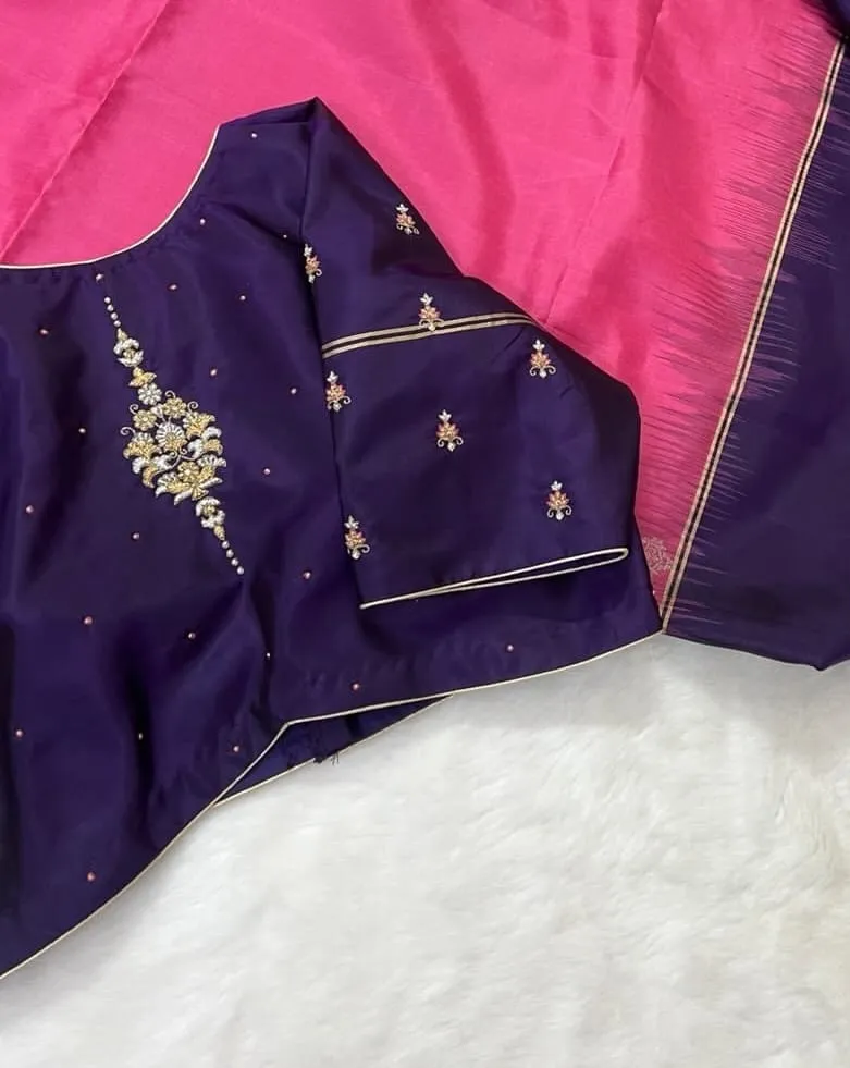 Purple Raw Silk Maggam Work Blouse – Minimalist Gold Floral Butti & Sweetheart Neck Design