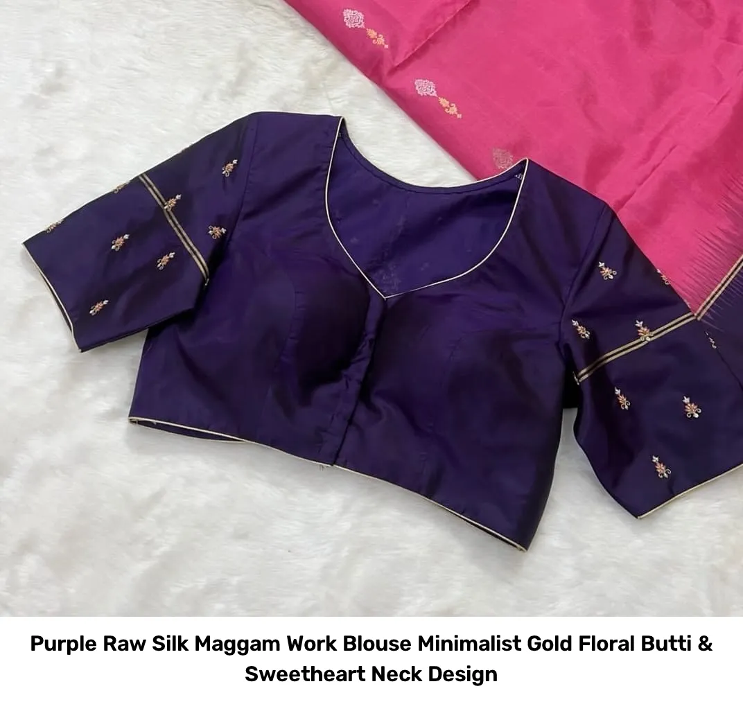 Purple Raw Silk Maggam Work Blouse – Minimalist Gold Floral Butti & Sweetheart Neck Design 2