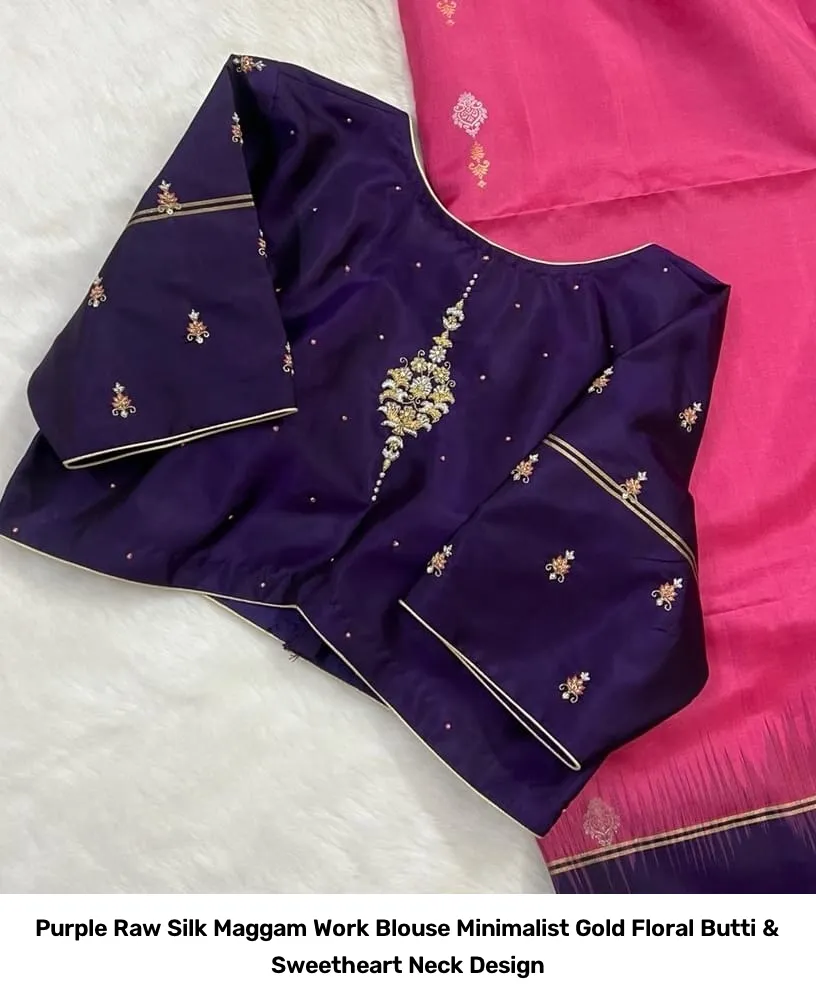Purple Raw Silk Maggam Work Blouse – Minimalist Gold Floral Butti & Sweetheart Neck Design 3