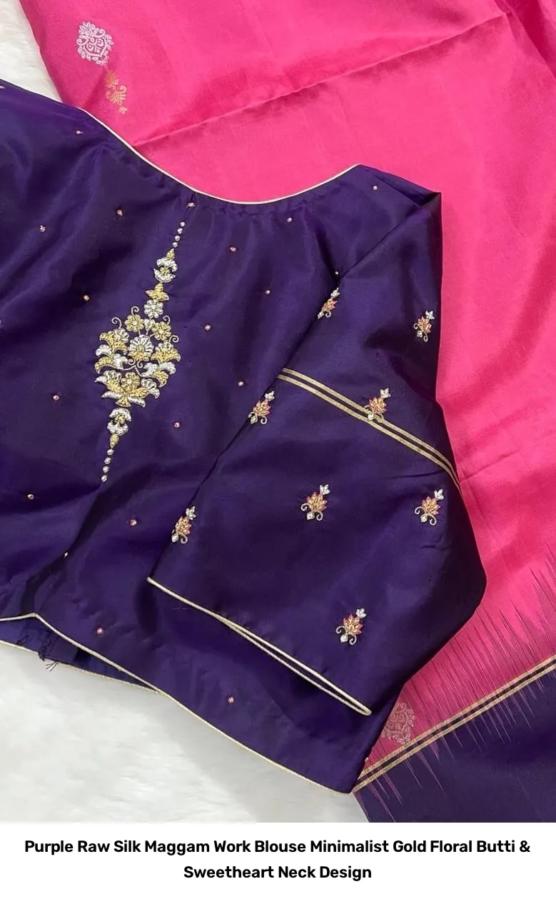 Purple Raw Silk Maggam Work Blouse – Minimalist Gold Floral Butti & Sweetheart Neck Design 4