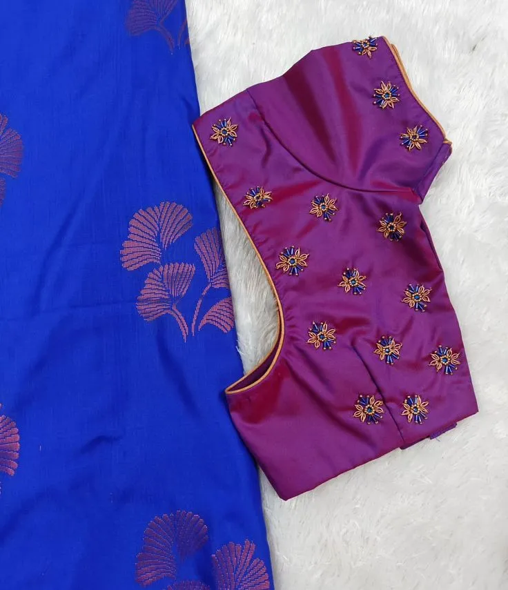 Purple Raw Silk Saree Blouse | Hand Embroidered Floral Buti Maggam Aari Work Sleeveless Blouse 1