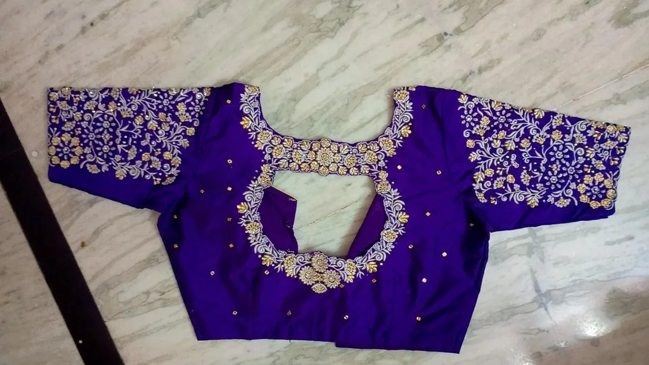 Purple Silk Blouse | Golden Maggam Work | Ring Neck | Computer Work Blouse