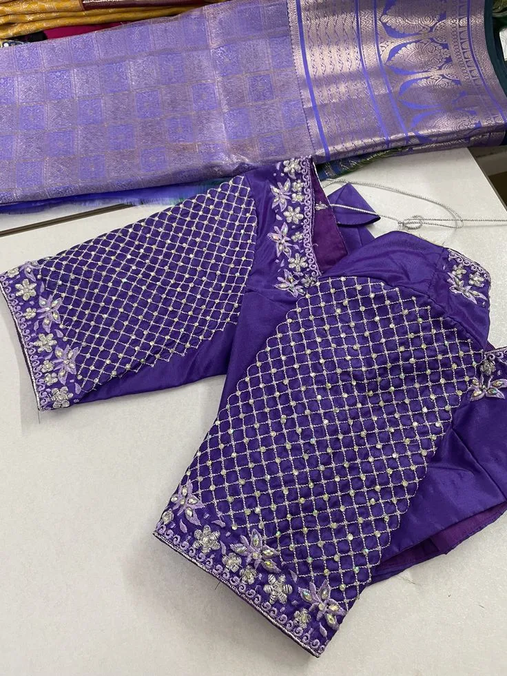 Purple Silk Computer Embroidery Blouse | Heavy Jaal Grid Sleeve & Floral Machine Work Saree Blouse with Layered Latkans 1