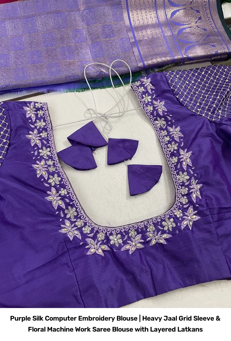 Purple Silk Computer Embroidery Blouse | Heavy Jaal Grid Sleeve & Floral Machine Work Saree Blouse with Layered Latkans 2