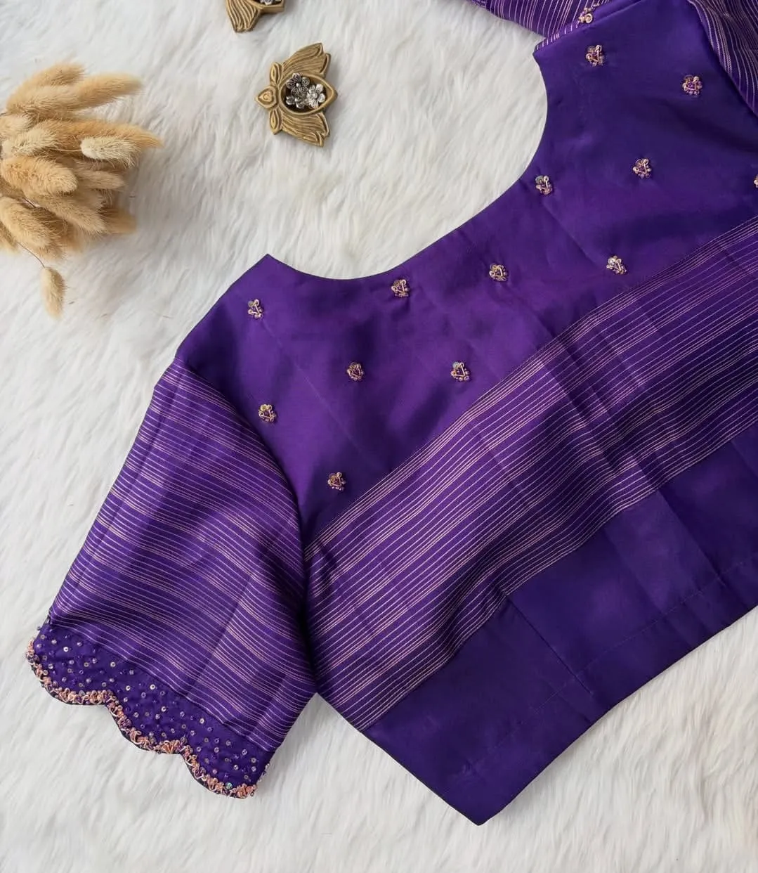 Purple Silk Designer Saree Blouse | Gold Zari Striped Sleeves & Scallop Border Maggam Work Blouse